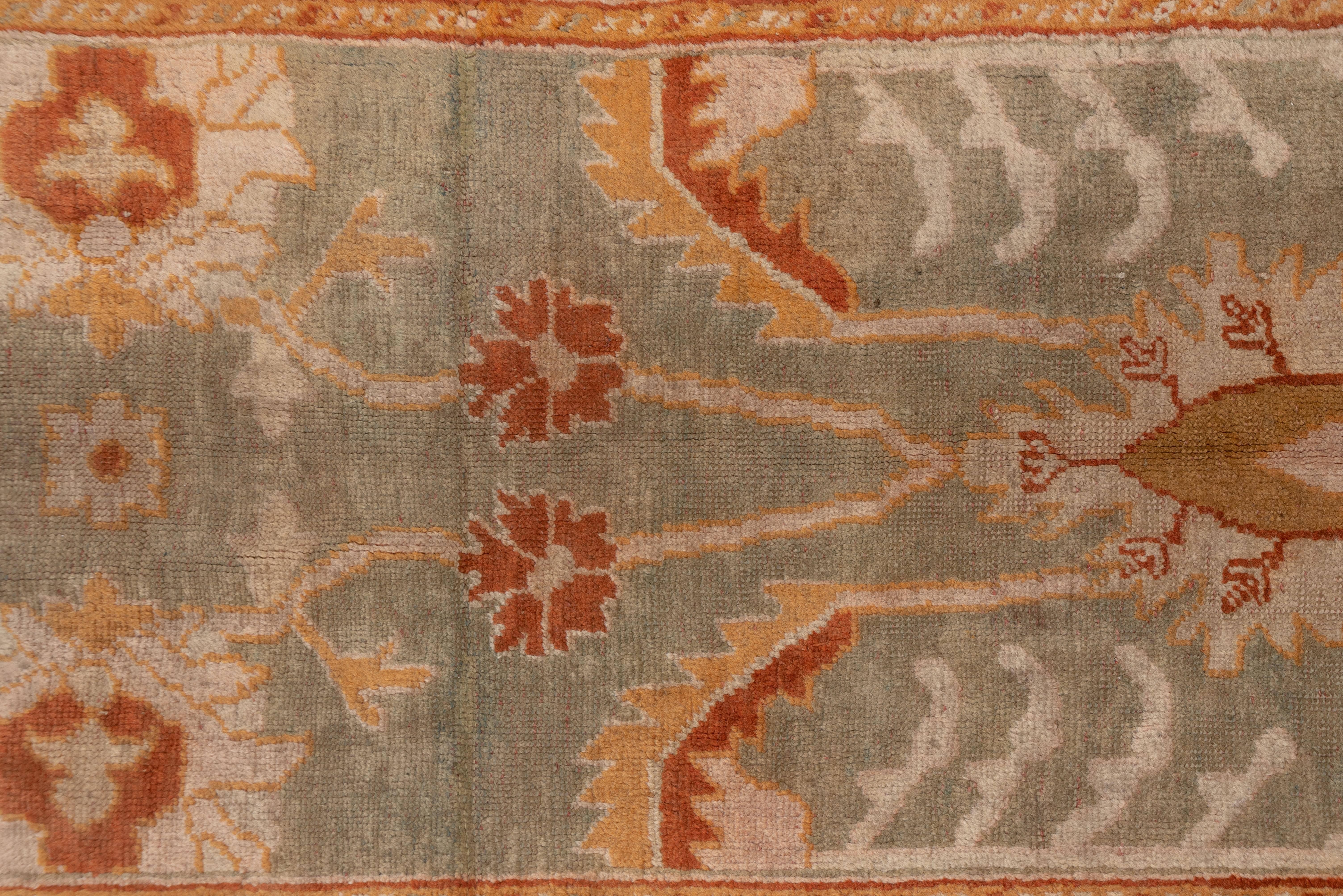 1920s Antique Turkish Oushak Runner, Sage Green Field, Rust & Mustard Accents In Good Condition For Sale In New York, NY