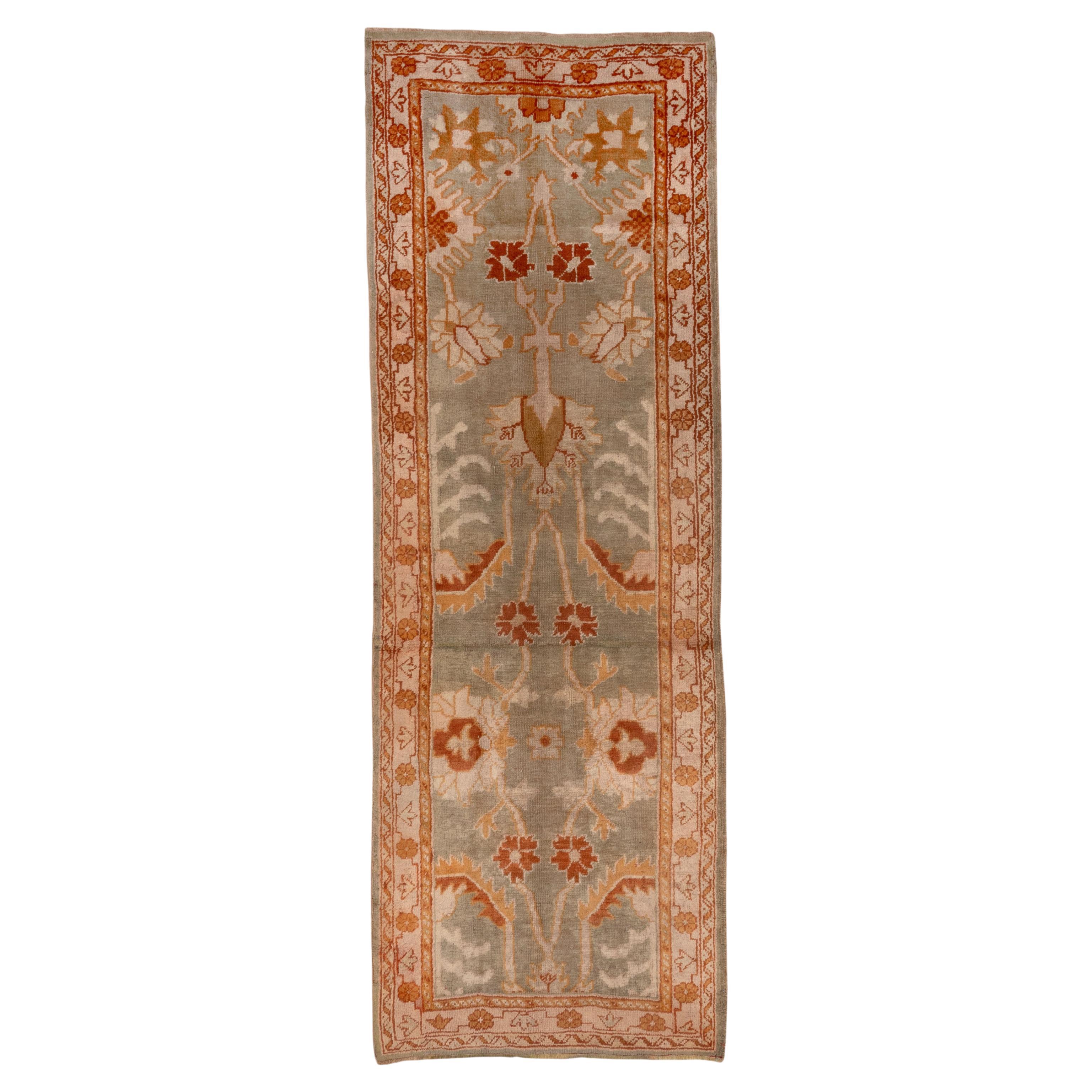 1920s Antique Turkish Oushak Runner, Sage Green Field, Rust & Mustard Accents