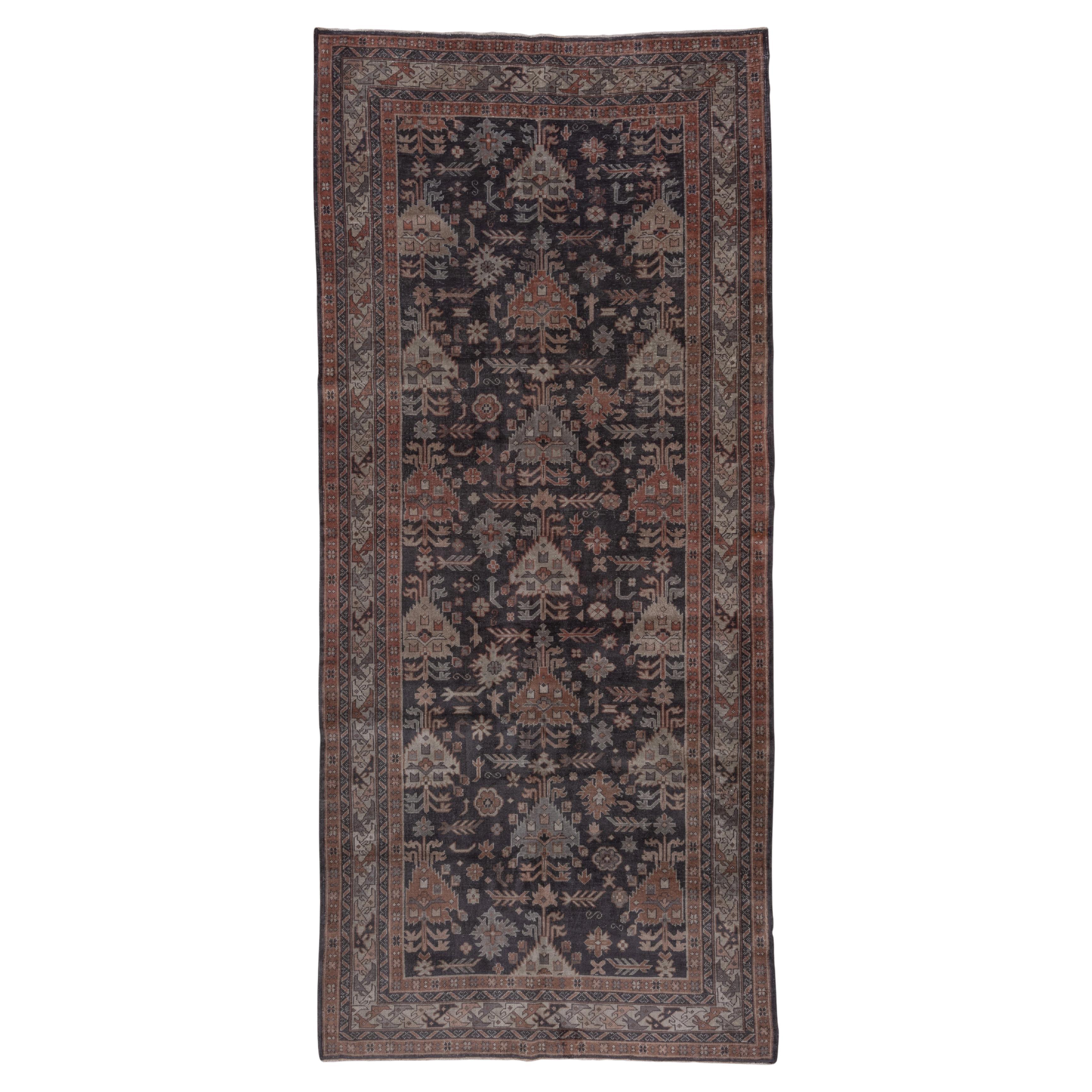 1920s Antique Turkish Sparta Gallery Rug, Dark Indigo Field, Orange Accents