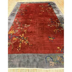1920s Antique Vibrante Red Field Spray Floral Knotted Wool Chinese Art Deco Rug