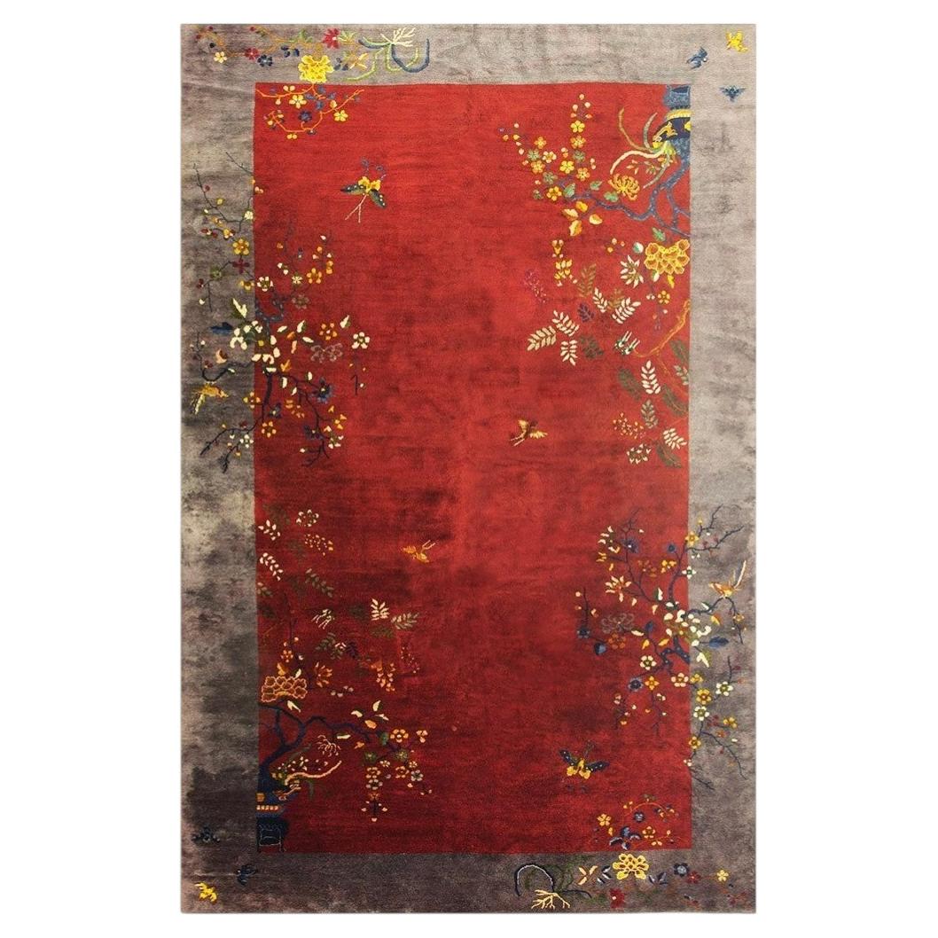 1920s Antique Vibrante Red Field Spray Floral Knotted Wool Chinese Art Deco Rug