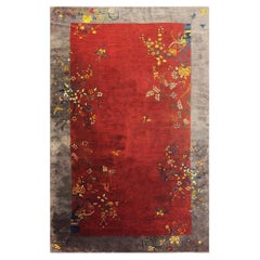 1920s Antique Vibrante Red Field Spray Floral Knotted Wool Chinese Art Deco Rug