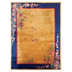 1920s Antique Warm Gold Ground Floral Modern Knotted Chinese Art Deco Carpet Rug