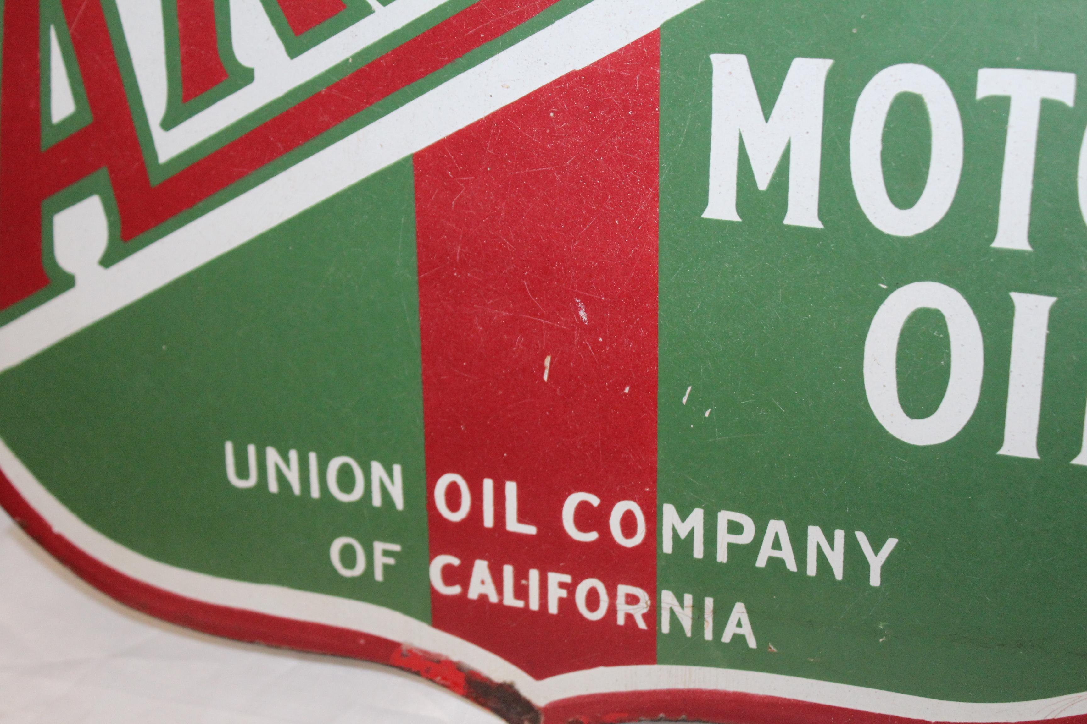 1920s Aristo Oil Union Oil Co. California Double Sided Sign In Distressed Condition For Sale In Orange, CA