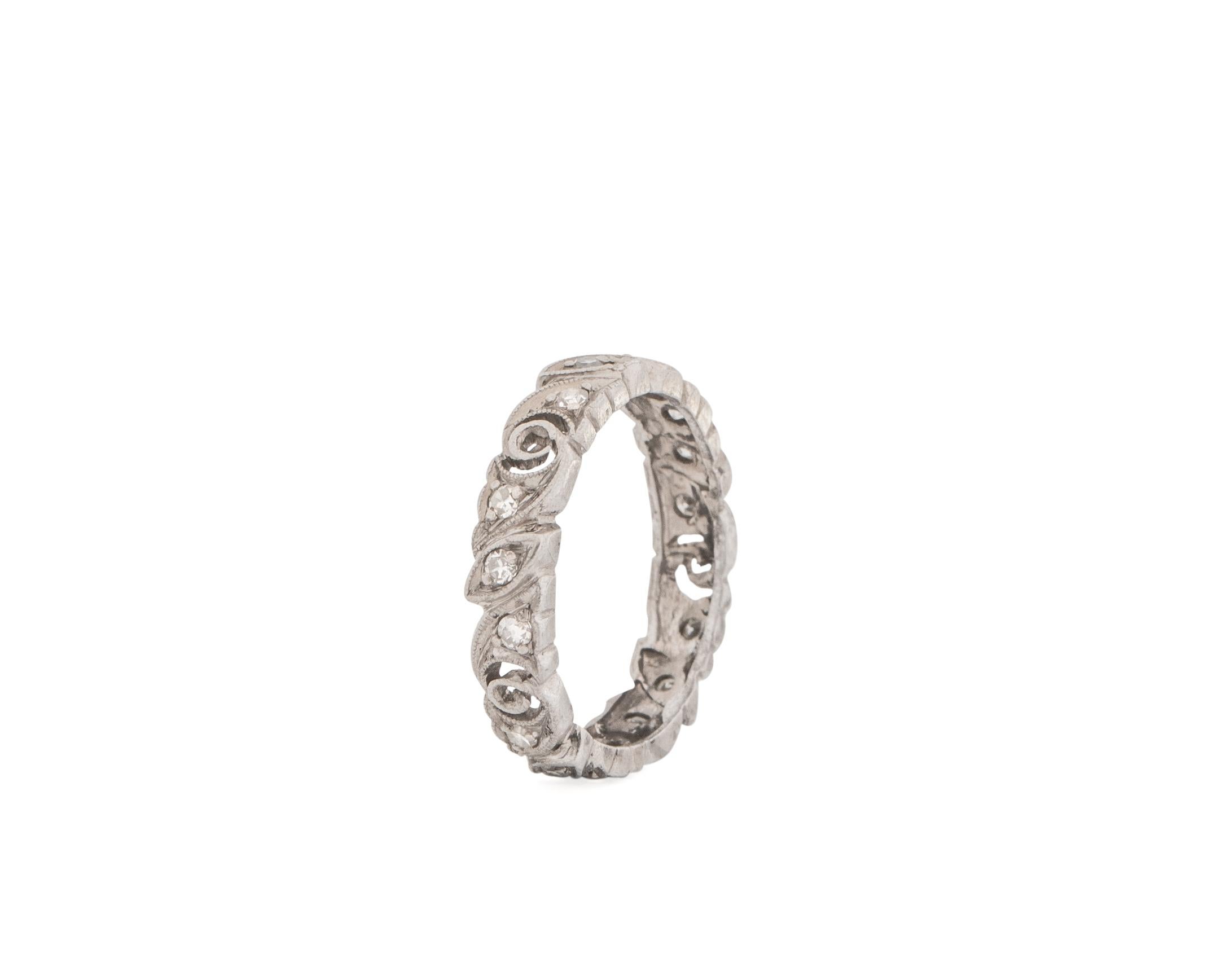 Item Details:
Metal type: 14 Karat White Gold & Platinum (prongs)
Weight: 4.3 grams
Size 6 (not resizable)

Diamond Details:
Cut: Single Cut
Carat: .3 Carat Total
Color: G
Clarity: VS

This ring features a beautiful intricate hand carved pierced