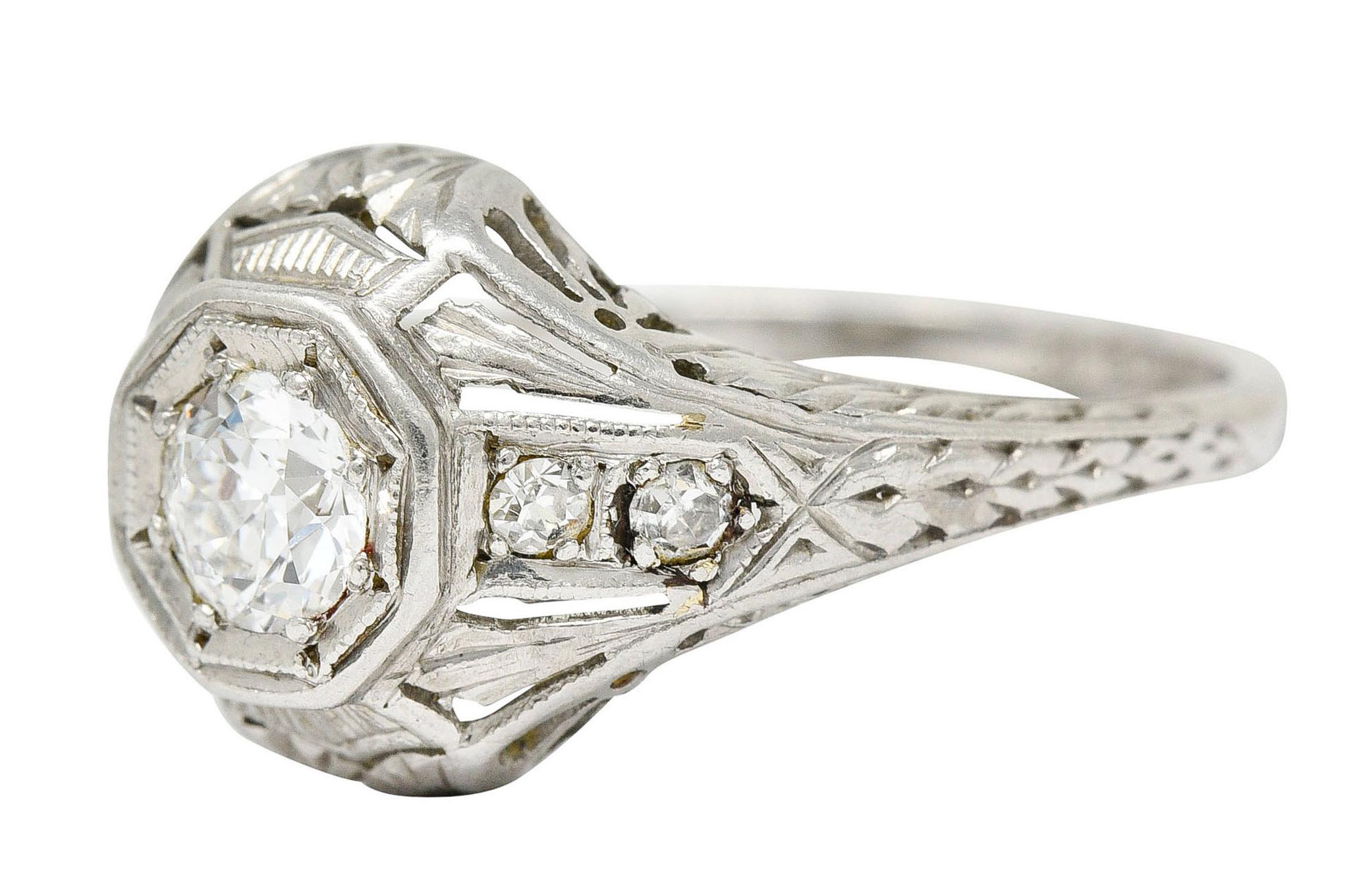Old European Cut 1920's Art Deco 0.40 Carats Diamond Platinum Octagonal Starburst Engagement Ring For Sale