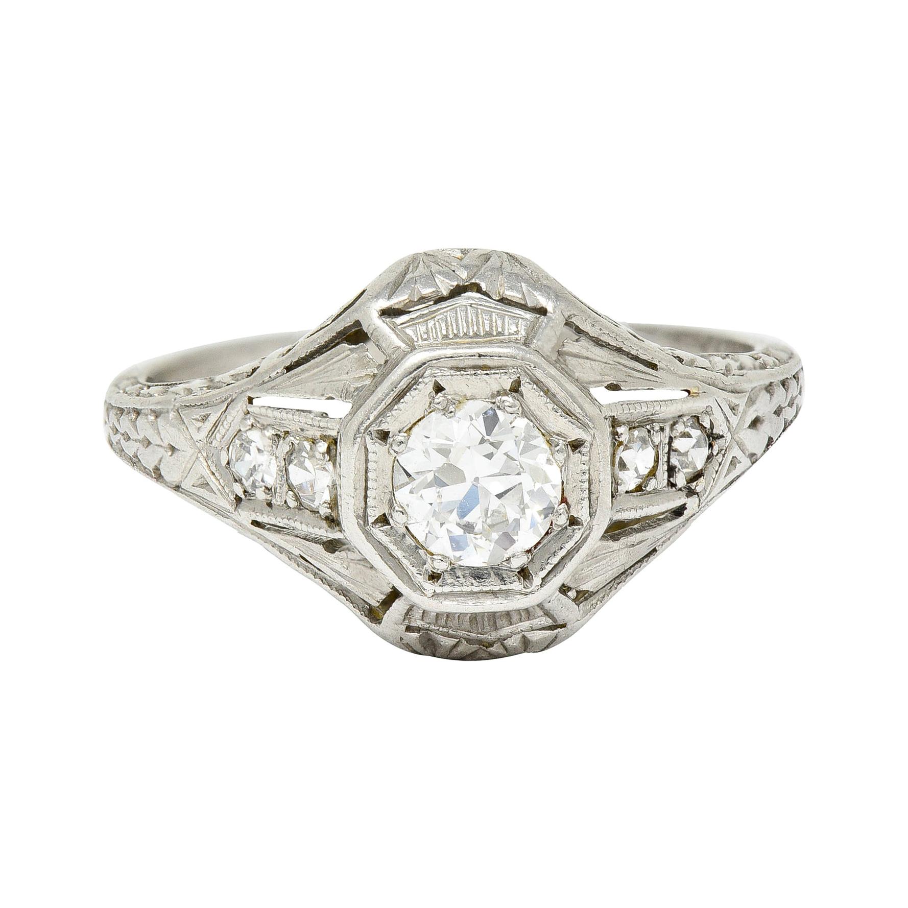 1920's Art Deco 0.40 Carats Diamond Platinum Octagonal Starburst Engagement Ring For Sale