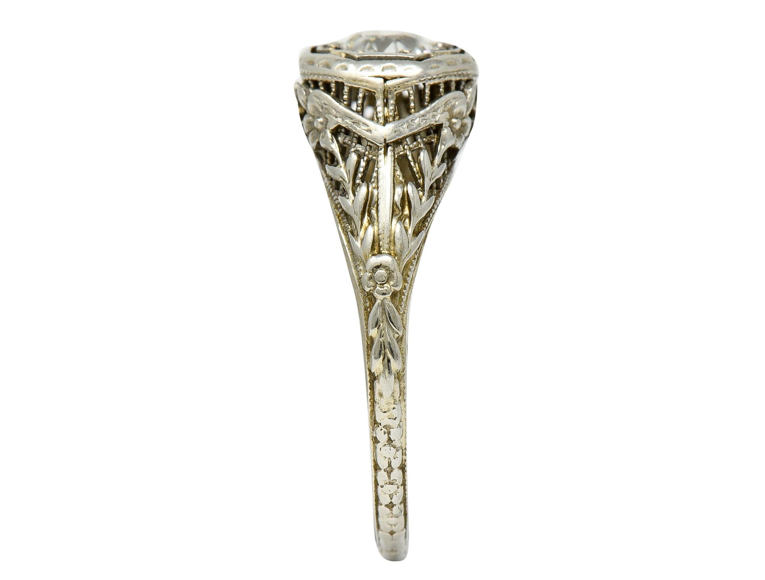 1920's Art Deco 0.50 Carat Diamond 18 Karat White Gold Floral Engagement Ring 2