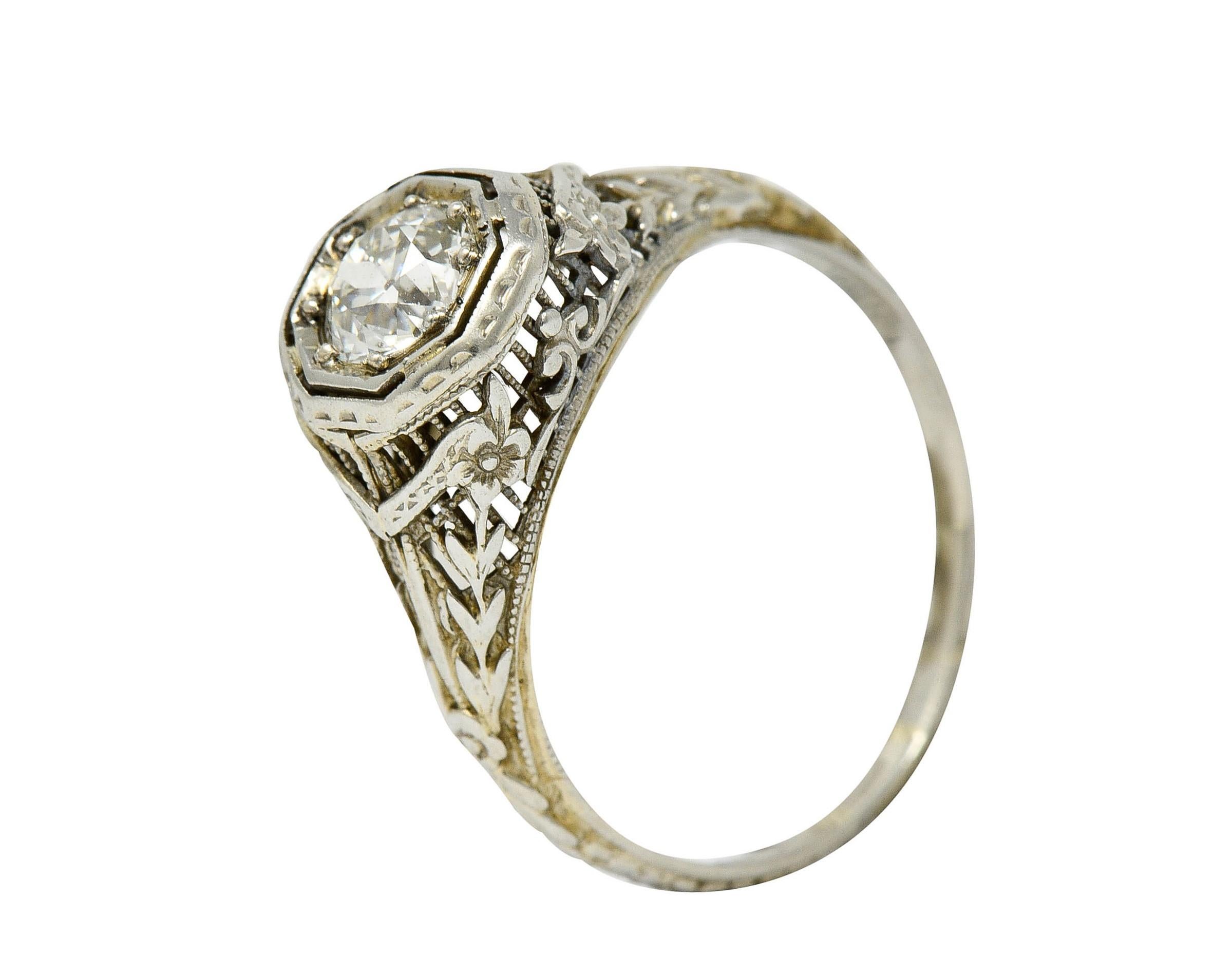 1920's Art Deco 0.50 Carat Diamond 18 Karat White Gold Floral Engagement Ring 3