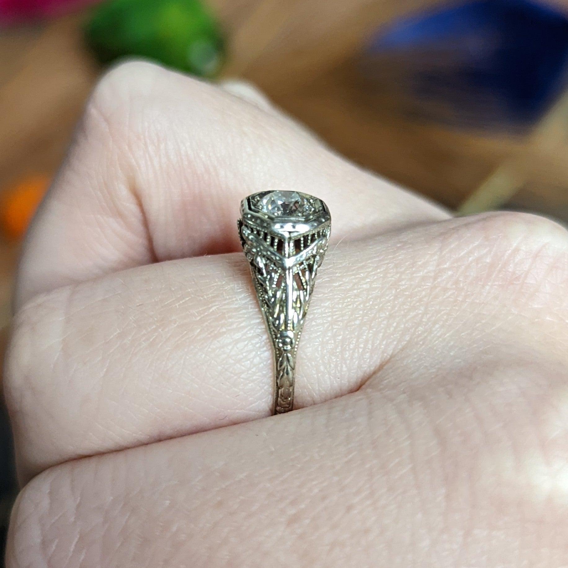 1920's Art Deco 0.50 Carat Diamond 18 Karat White Gold Floral Engagement Ring 6
