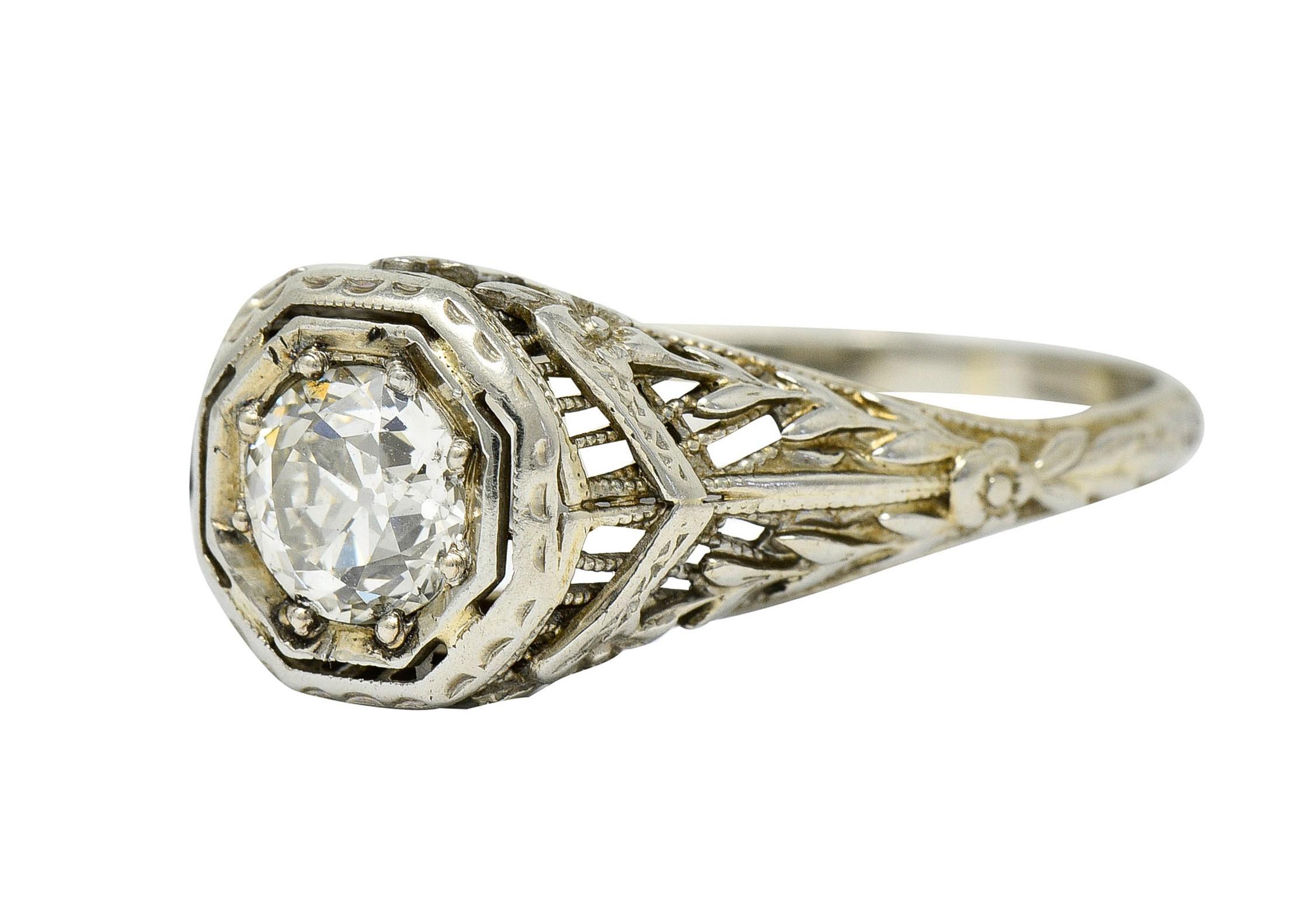 Old European Cut 1920's Art Deco 0.50 Carat Diamond 18 Karat White Gold Floral Engagement Ring