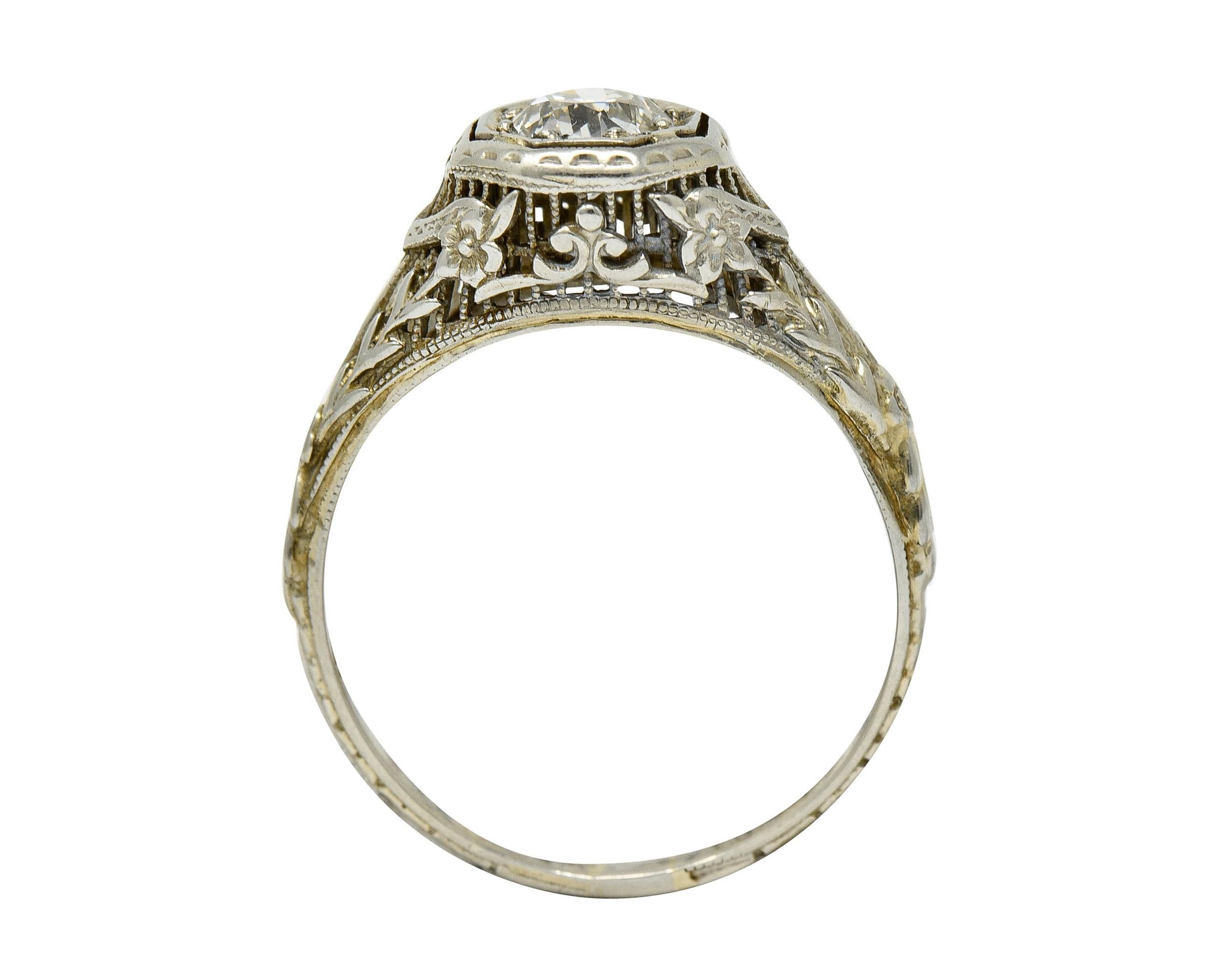 Women's or Men's 1920's Art Deco 0.50 Carat Diamond 18 Karat White Gold Floral Engagement Ring