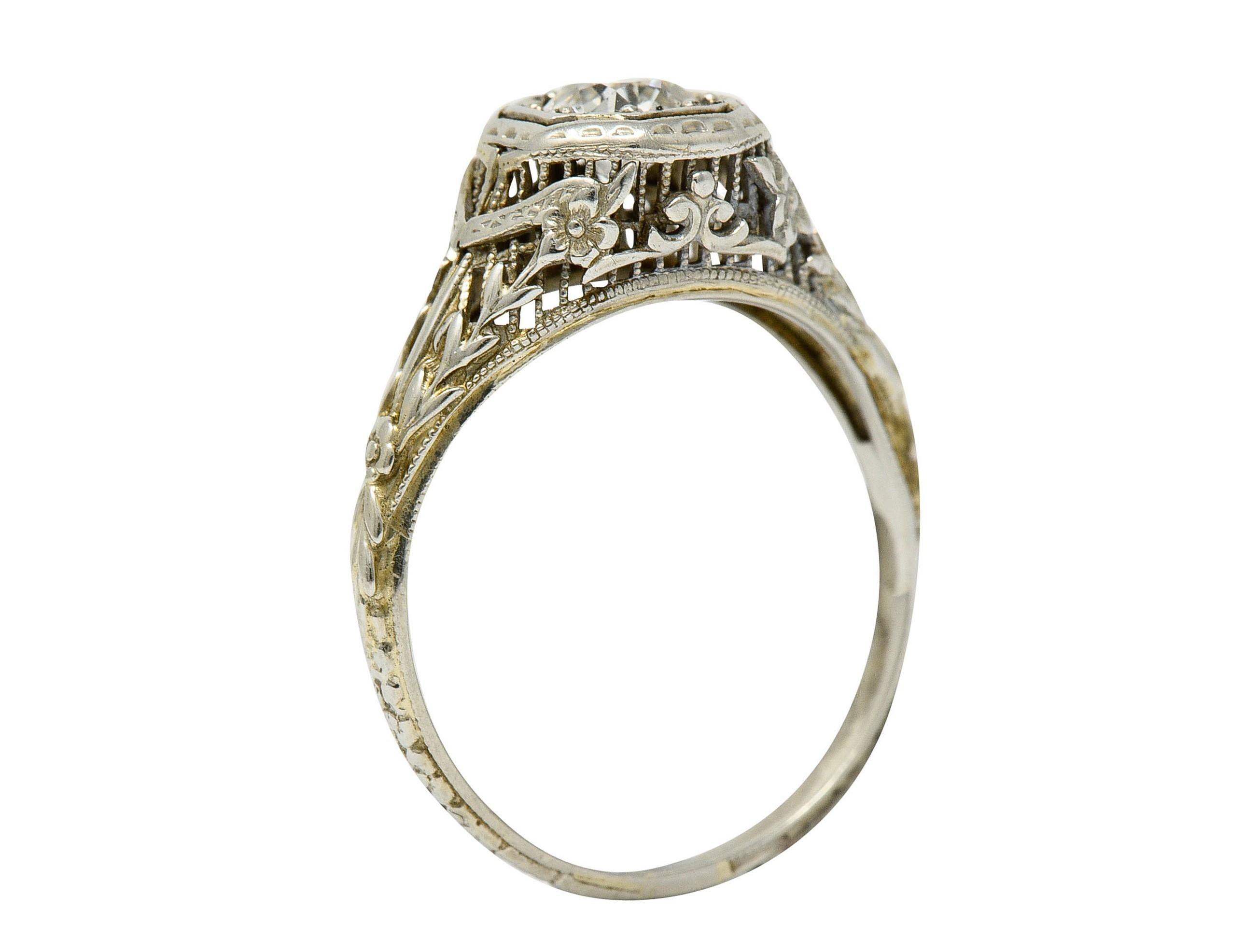 1920's Art Deco 0.50 Carat Diamond 18 Karat White Gold Floral Engagement Ring 1