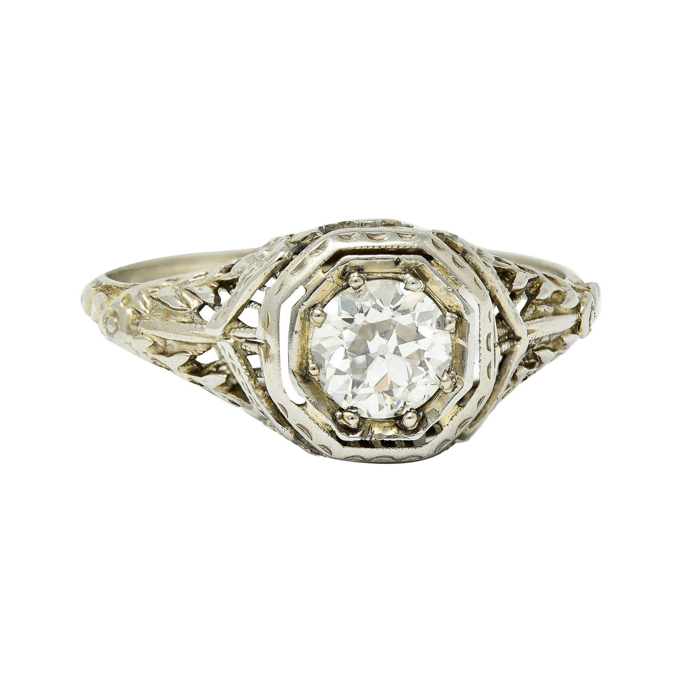 1920's Art Deco 0.50 Carat Diamond 18 Karat White Gold Floral Engagement Ring