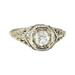 1920's Art Deco 0.50 Carat Diamond 18 Karat White Gold Floral Engagement Ring