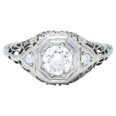 1920's Art Deco 0.57 Carat Diamond 18 Karat White Gold Bombe Engagement Ring