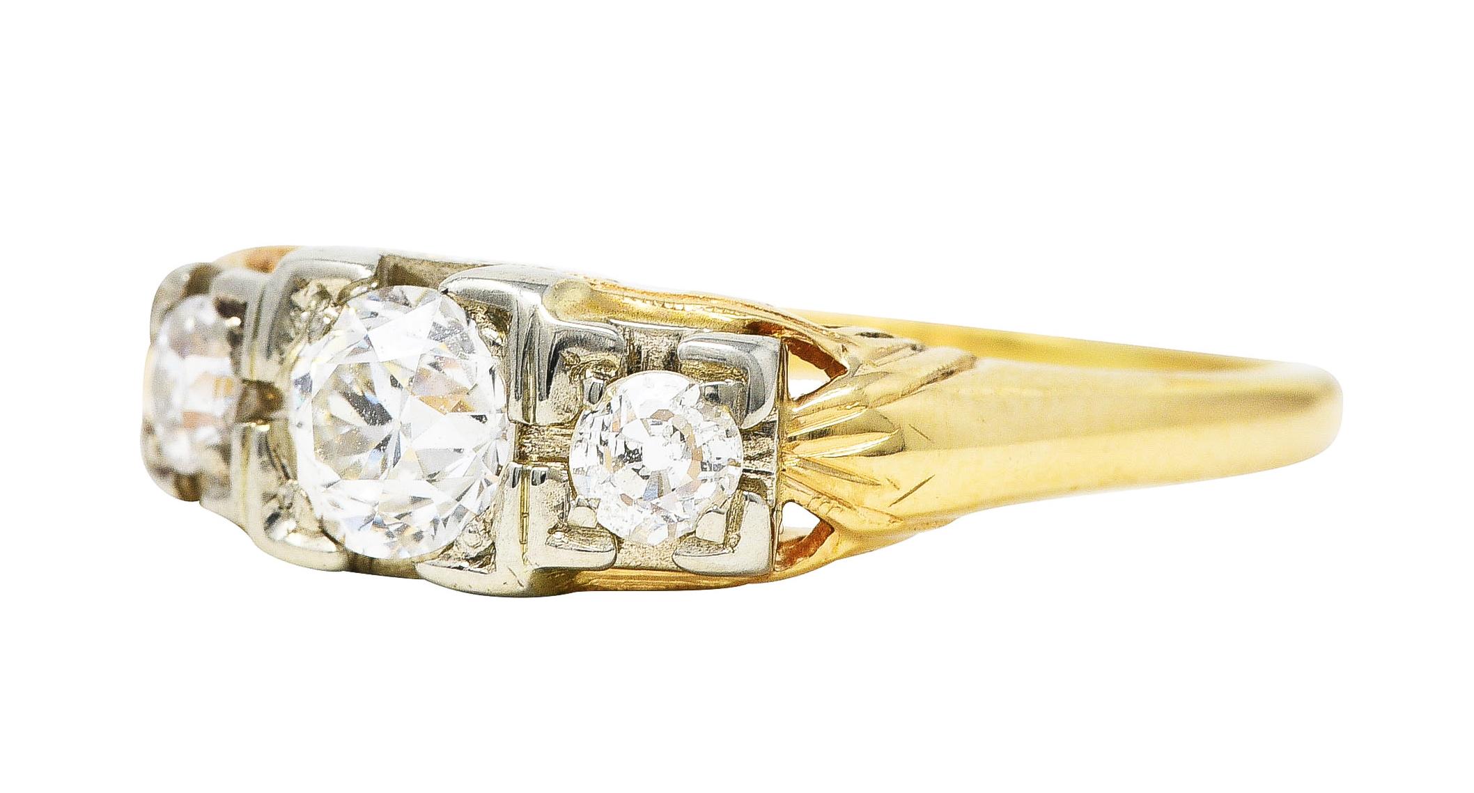 1920's Art Deco 0.60 Carat Diamond 14 Karat Two-Tone Three Stone Ring In Excellent Condition For Sale In Philadelphia, PA