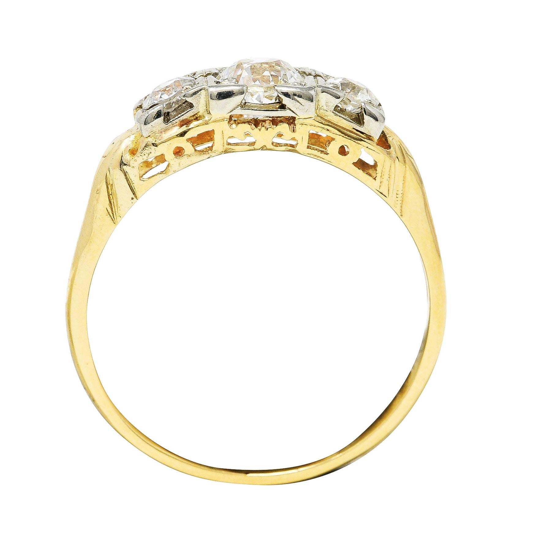 Women's or Men's 1920's Art Deco 0.60 Carat Diamond 14 Karat Two-Tone Three Stone Ring For Sale