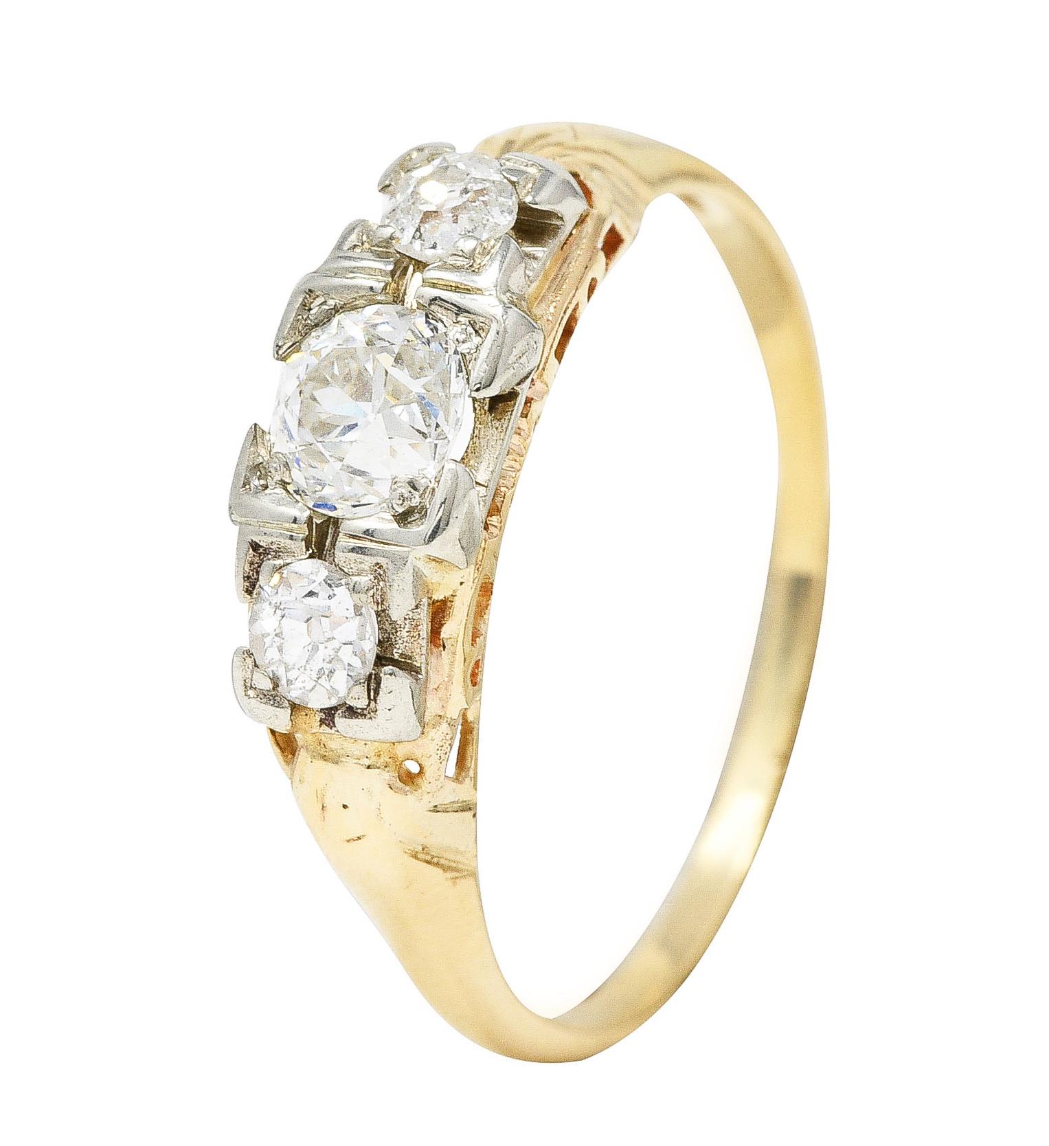 1920's Art Deco 0.60 Carat Diamond 14 Karat Two-Tone Three Stone Ring For Sale 1
