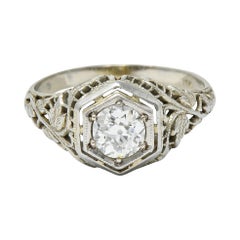 Antique 1920's Art Deco 0.62 Carat Diamond 18 Karat White Gold Hexagonal Engagement Ring