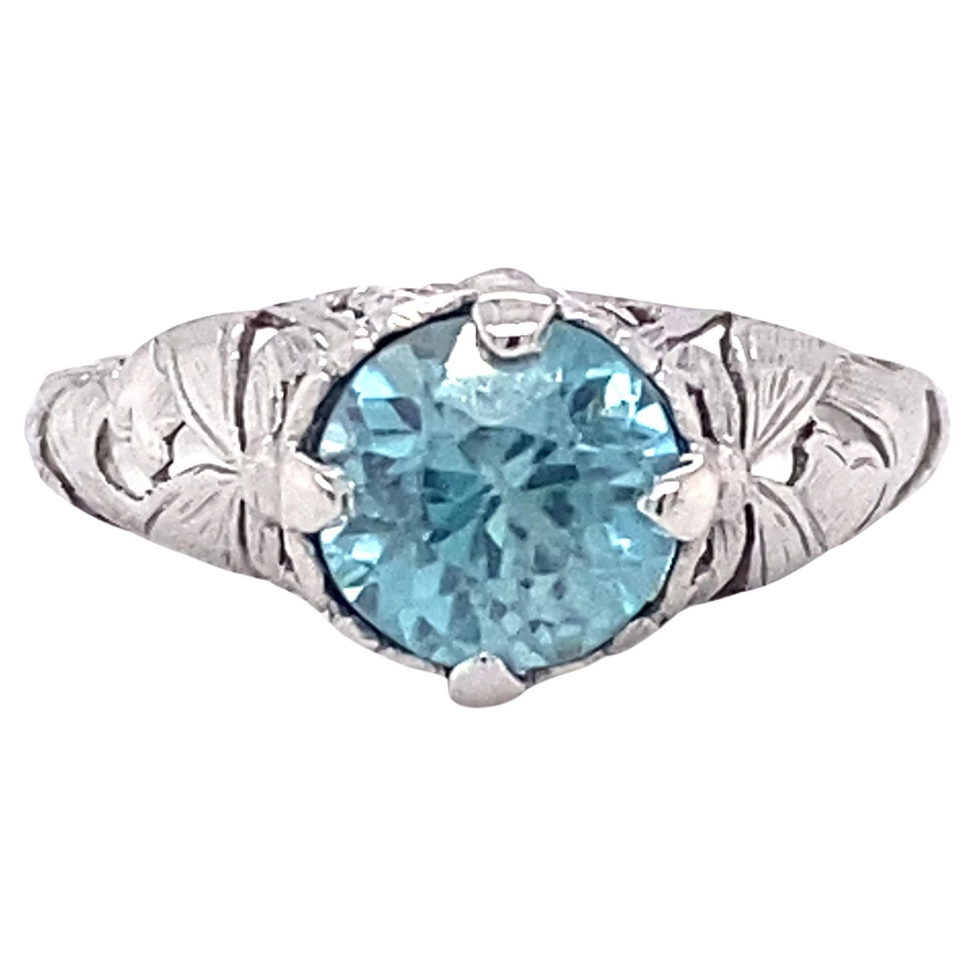 Bague Art déco des années 1920 en or blanc 14 carats avec zircon bleu de 1 carat