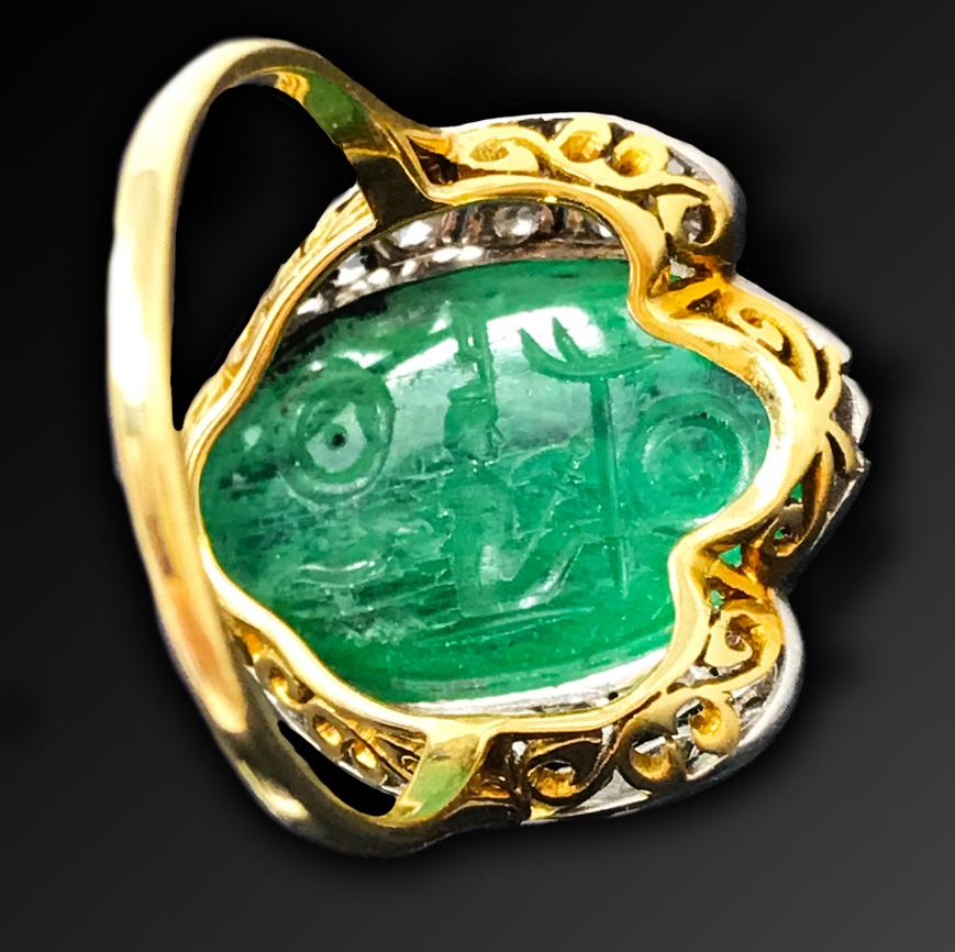 Cushion Cut 1920s Art Deco 10 Carat Egyptian Revival Hand-Carved Emerald Diamond Scarab Ring