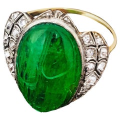 1920s Art Deco 10 Carat Egyptian Revival Hand-Carved Emerald Diamond Scarab Ring