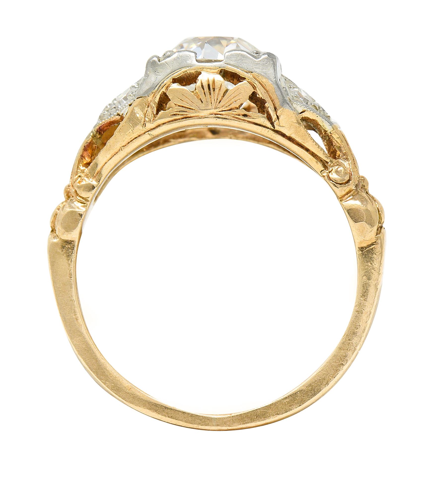 1920's Art Deco 1.11 Carats Diamond Two-Tone Gold Foliate Engagement Ring GIA 2