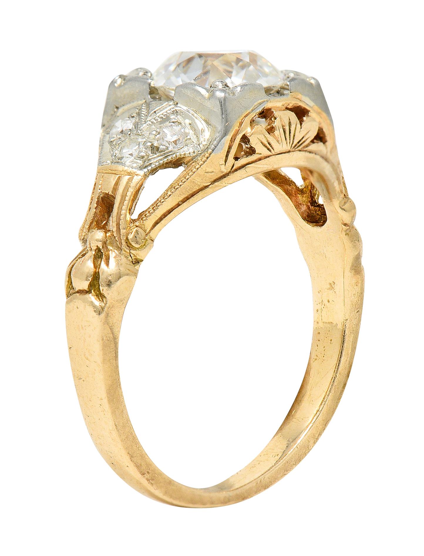 1920's Art Deco 1.11 Carats Diamond Two-Tone Gold Foliate Engagement Ring GIA 3
