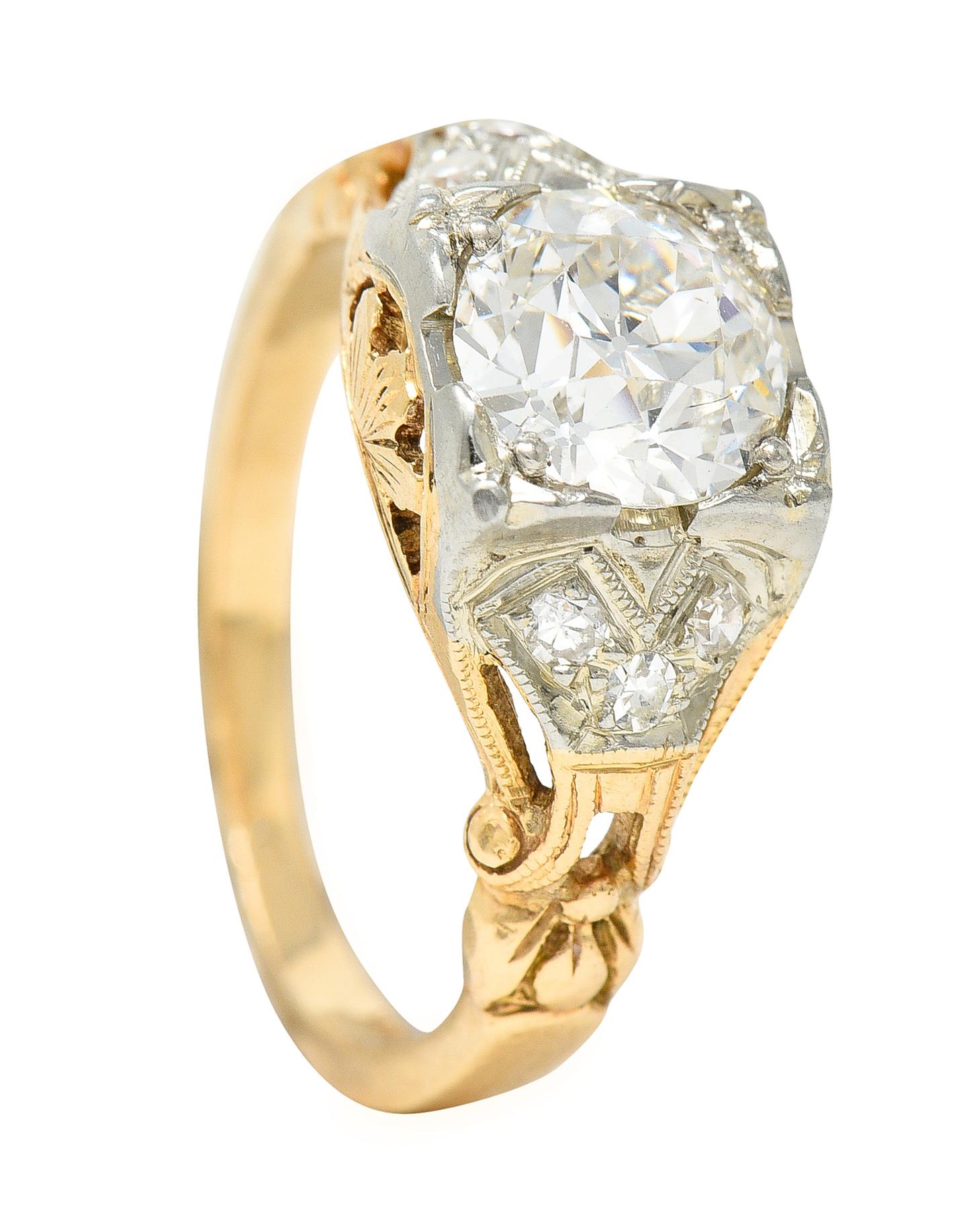 1920's Art Deco 1.11 Carats Diamond Two-Tone Gold Foliate Engagement Ring GIA 4