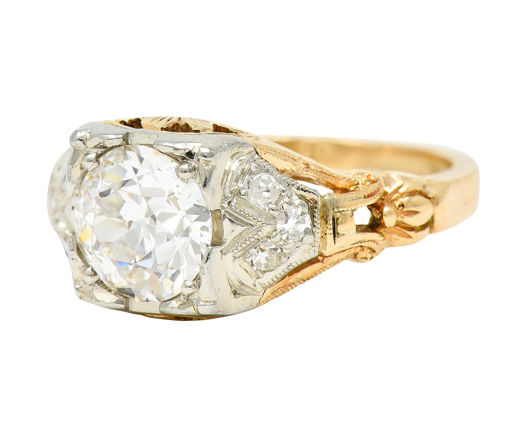 Old European Cut 1920's Art Deco 1.11 Carats Diamond Two-Tone Gold Foliate Engagement Ring GIA