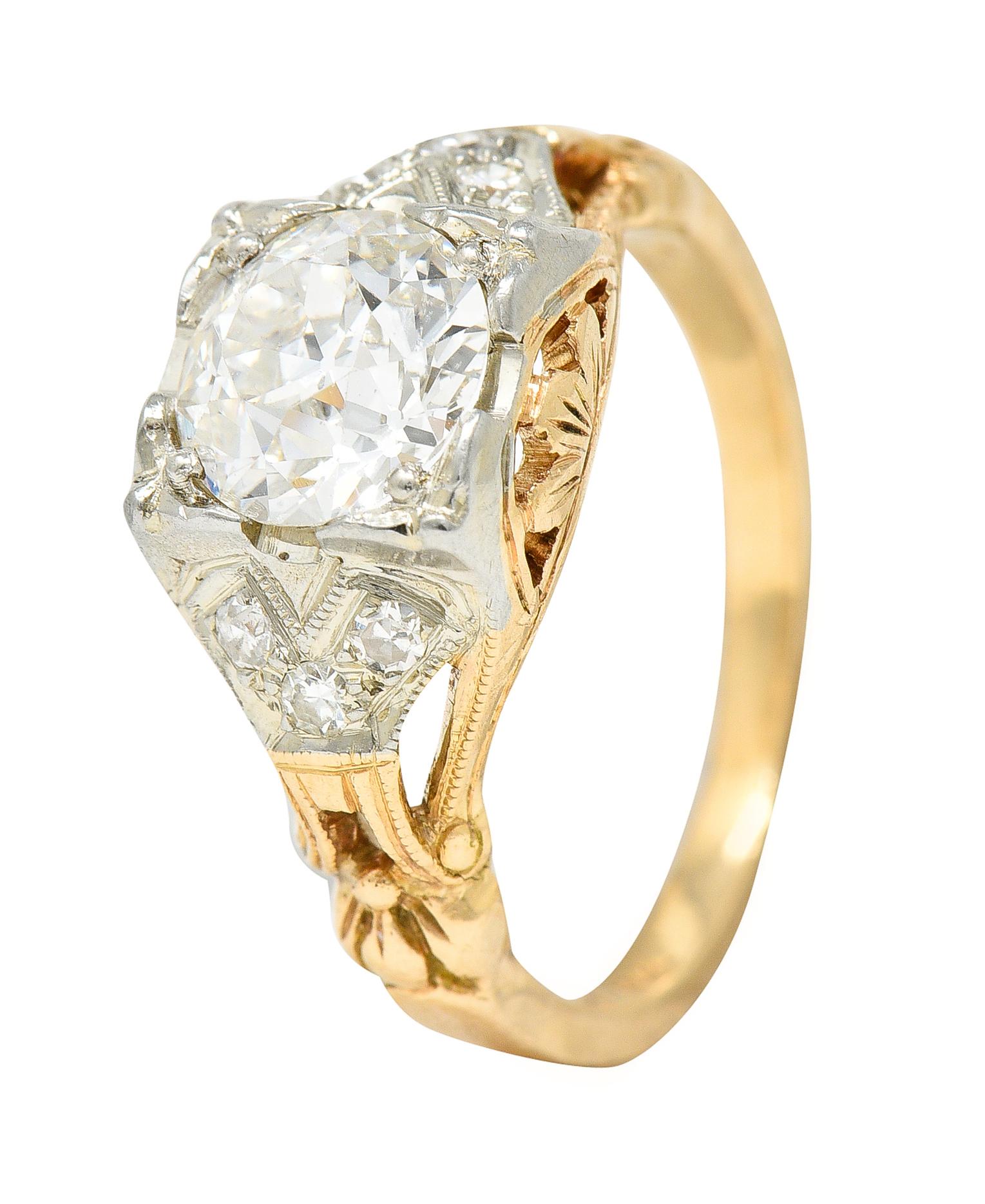 Women's or Men's 1920's Art Deco 1.11 Carats Diamond Two-Tone Gold Foliate Engagement Ring GIA