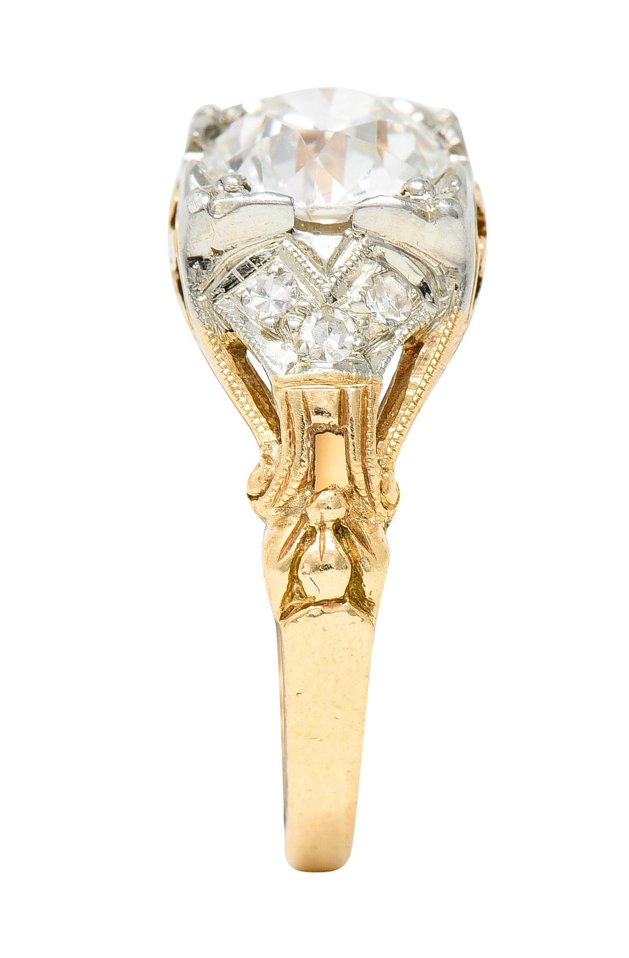 1920's Art Deco 1.11 Carats Diamond Two-Tone Gold Foliate Engagement Ring GIA 1