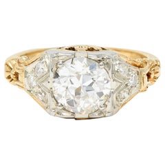 1920's Art Deco 1.11 Carats Diamond Two-Tone Gold Foliate Engagement Ring GIA