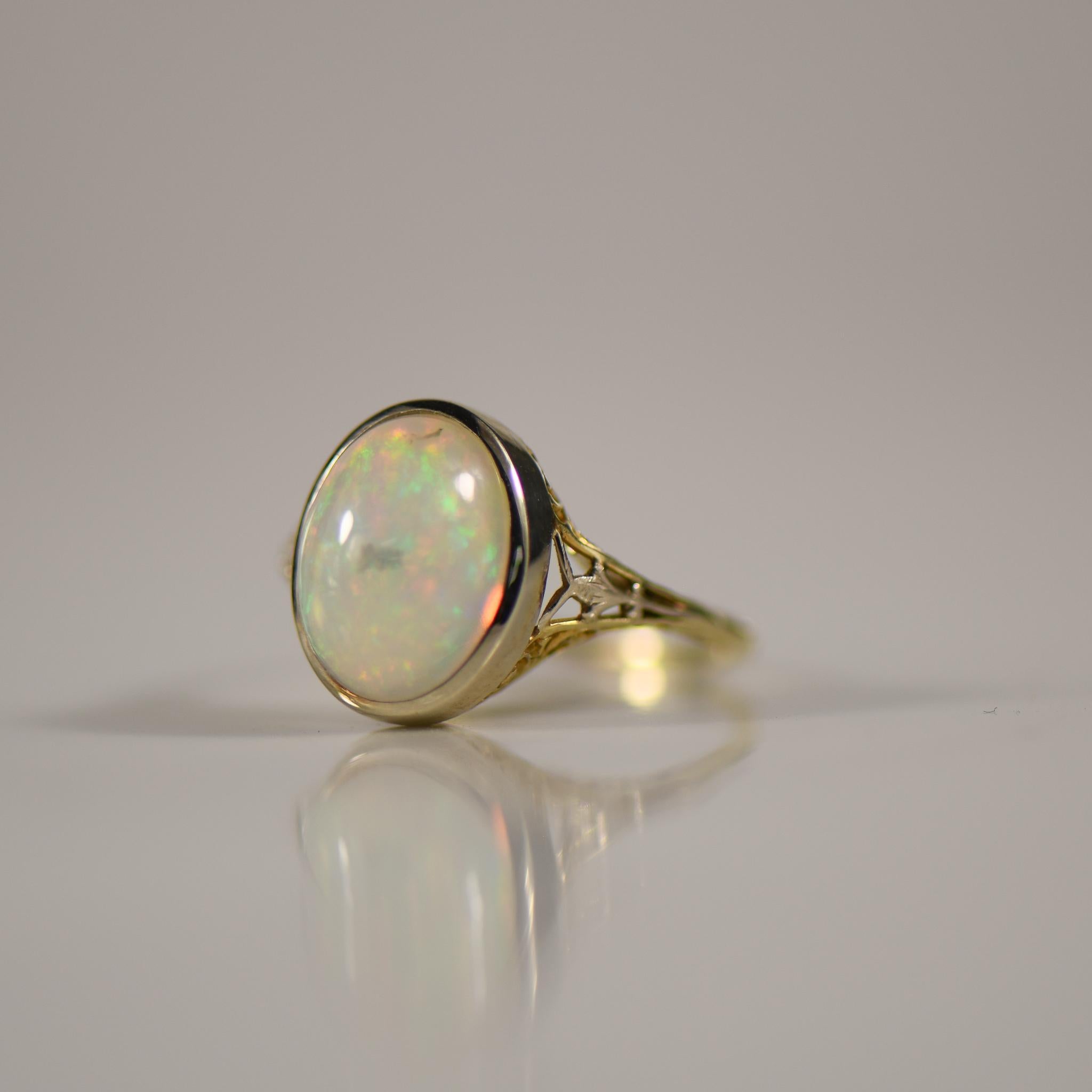 1920's Art Deco 14K Two Tone Bezel Set 4.5ct Oval Opal Cabochon Solitaire Ring For Sale 2