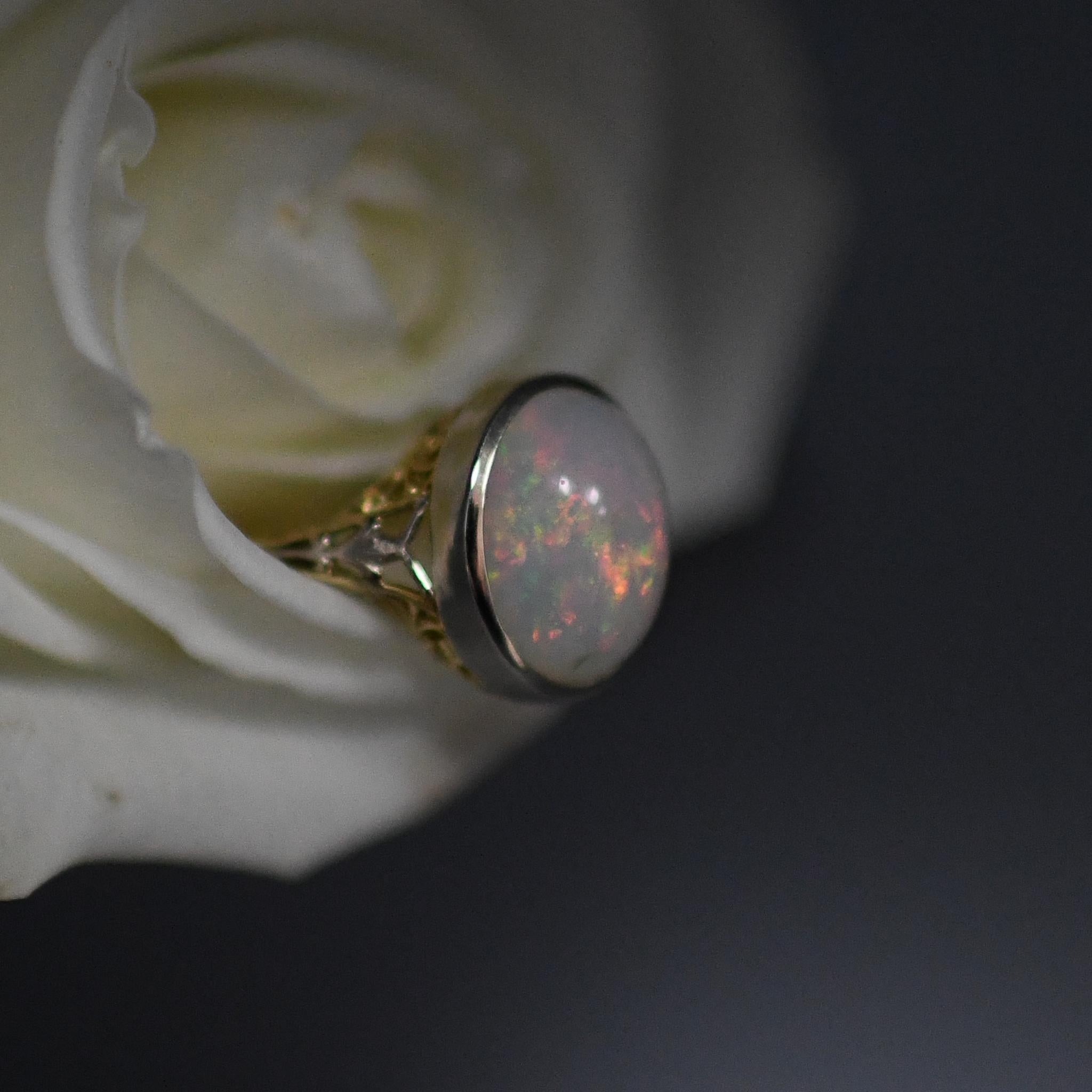 1920's Art Deco 14K Two Tone Bezel Set 4.5ct Oval Opal Cabochon Solitaire Ring For Sale 3