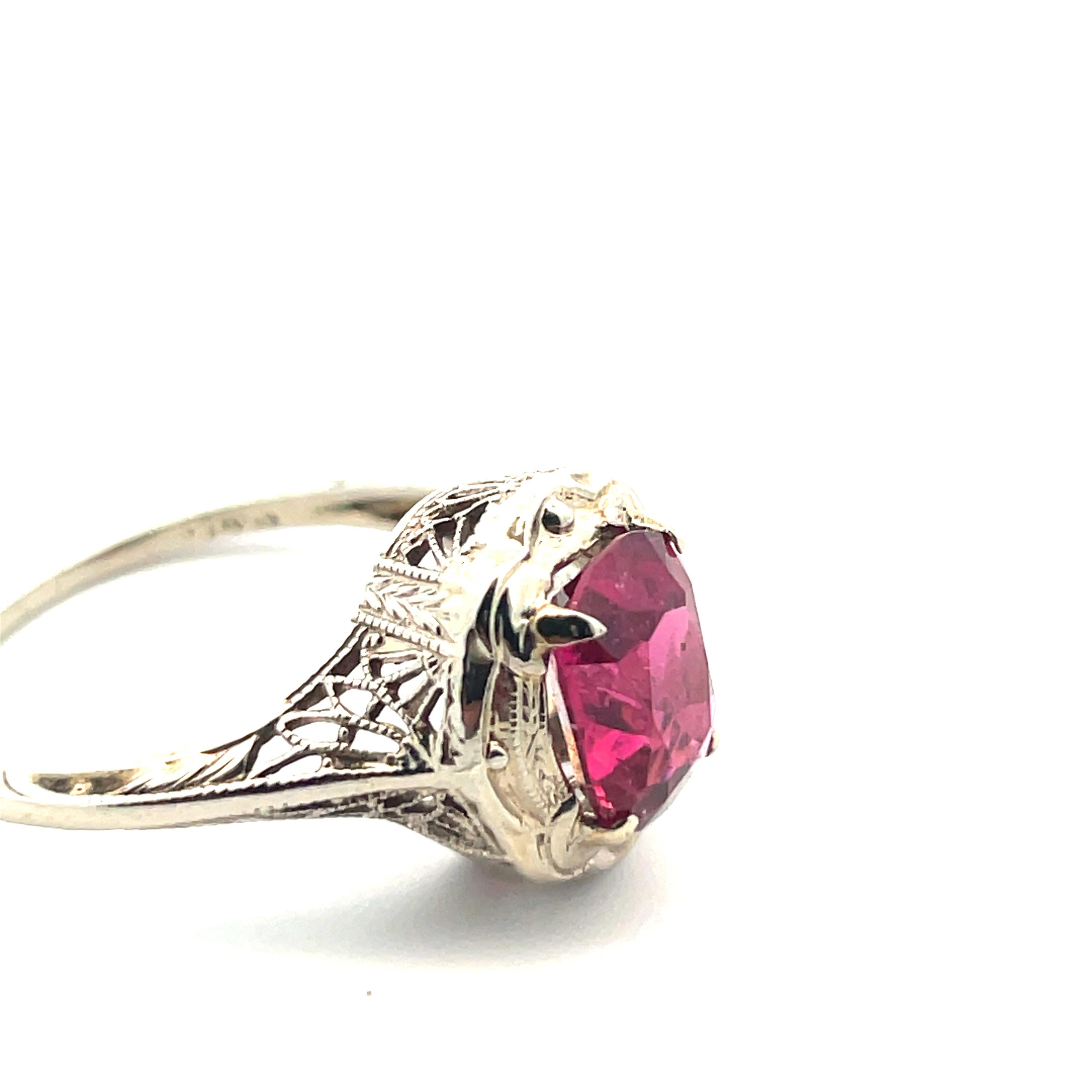 Cushion Cut 1920s Art Deco 14k White Gold Filigree Red Tourmaline Ring  For Sale