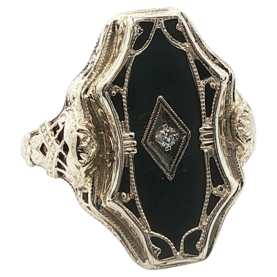 1920er Art Deco 14k Weißgold Natürlicher Diamant 
Onyx Ring