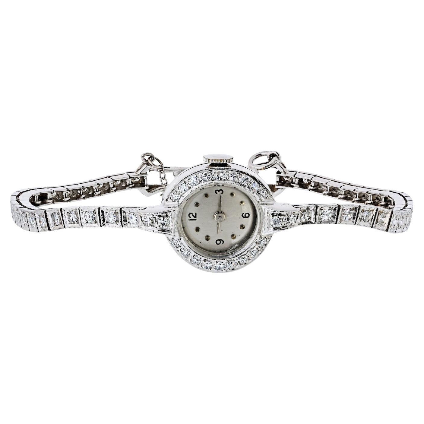 Reloj de platino de señora Art Déco de 1920 con diamantes de 1,50 quilates