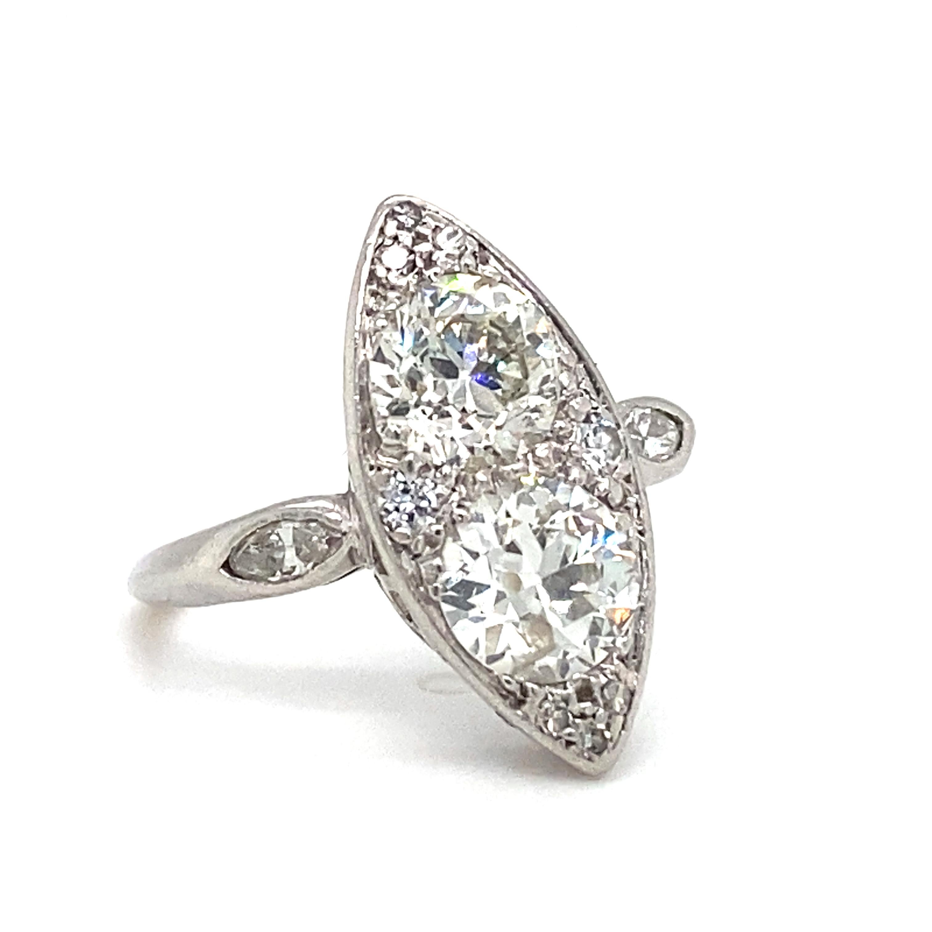 Women's or Men's 1920s Art Deco 1.60ctw Two Diamond Navette Ring in Platinum For Sale