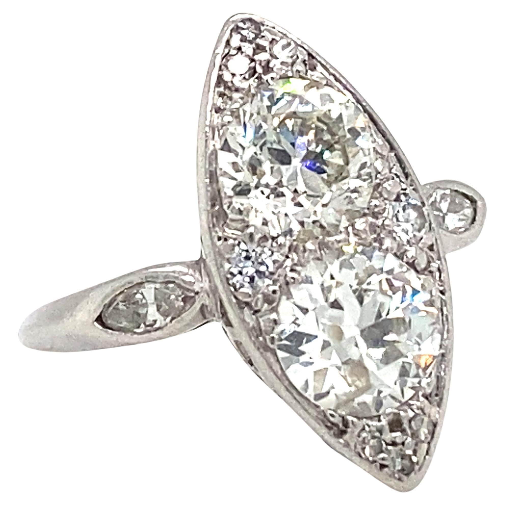 1920s Art Deco 1.60ctw Two Diamond Navette Ring in Platinum For Sale