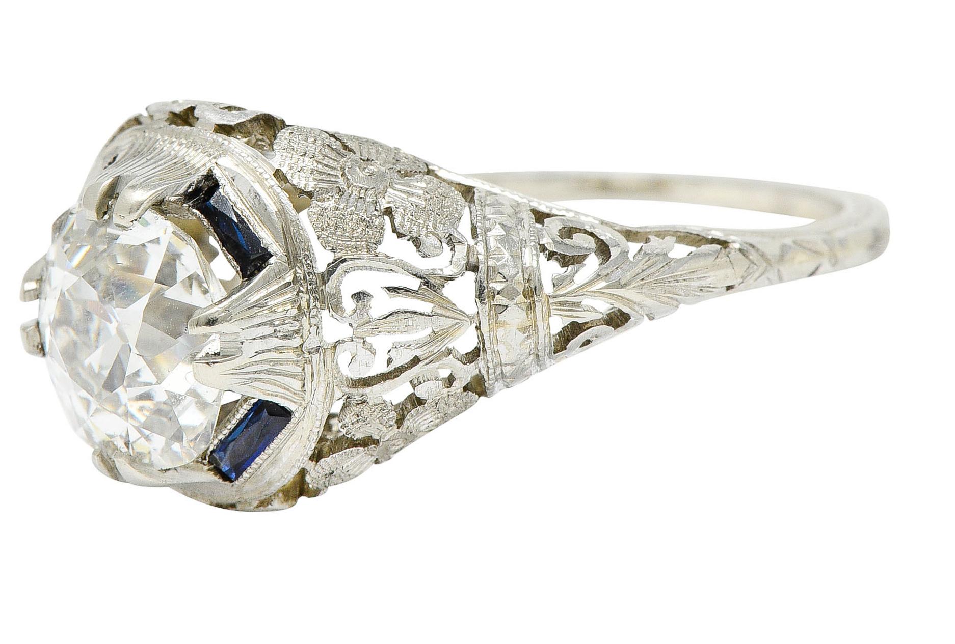 Round Cut 1920's Art Deco 1.76 Carats Diamond Sapphire 18 Karat Gold Engagement Ring For Sale