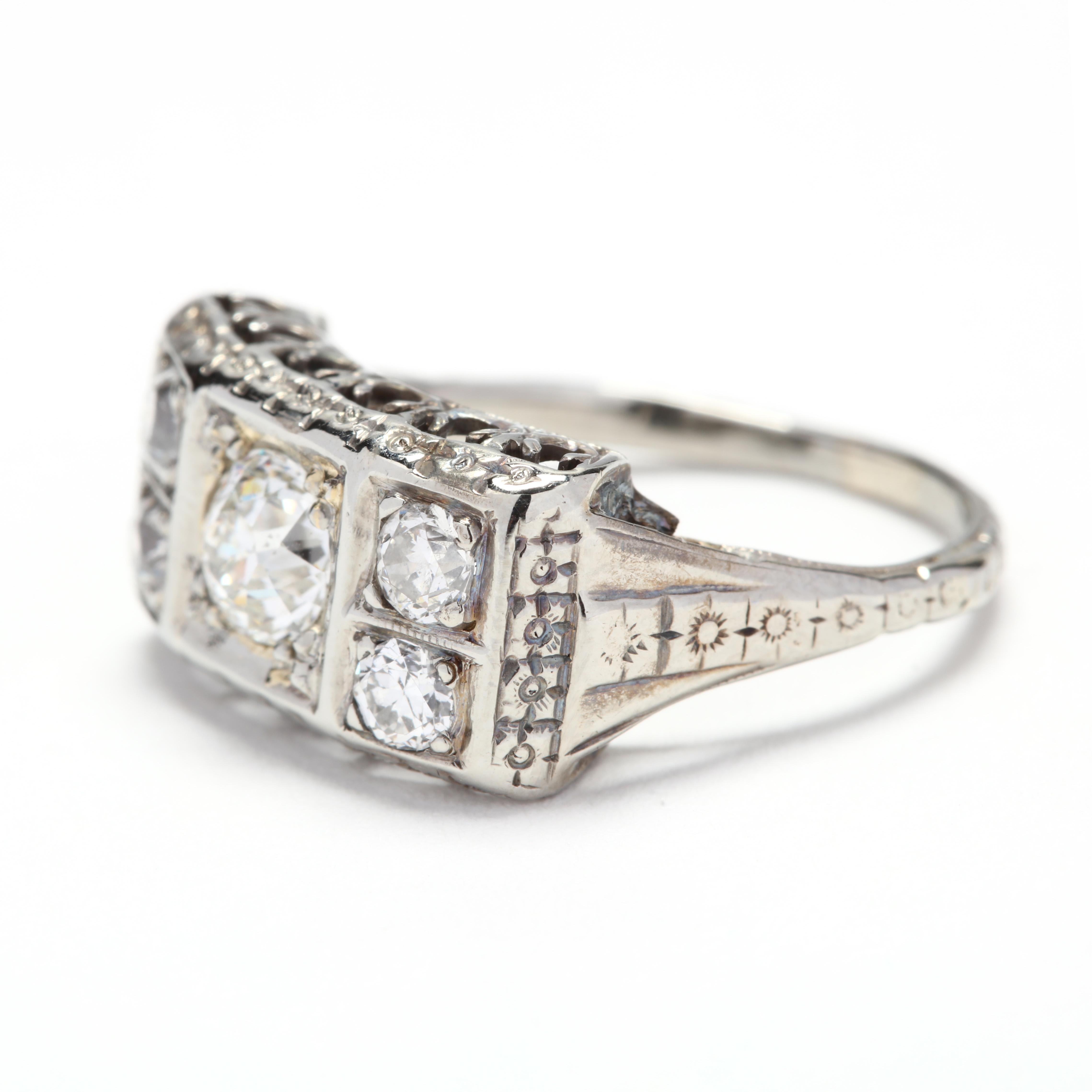 Round Cut 1920s Art Deco 18 Karat White Gold Diamond Ring