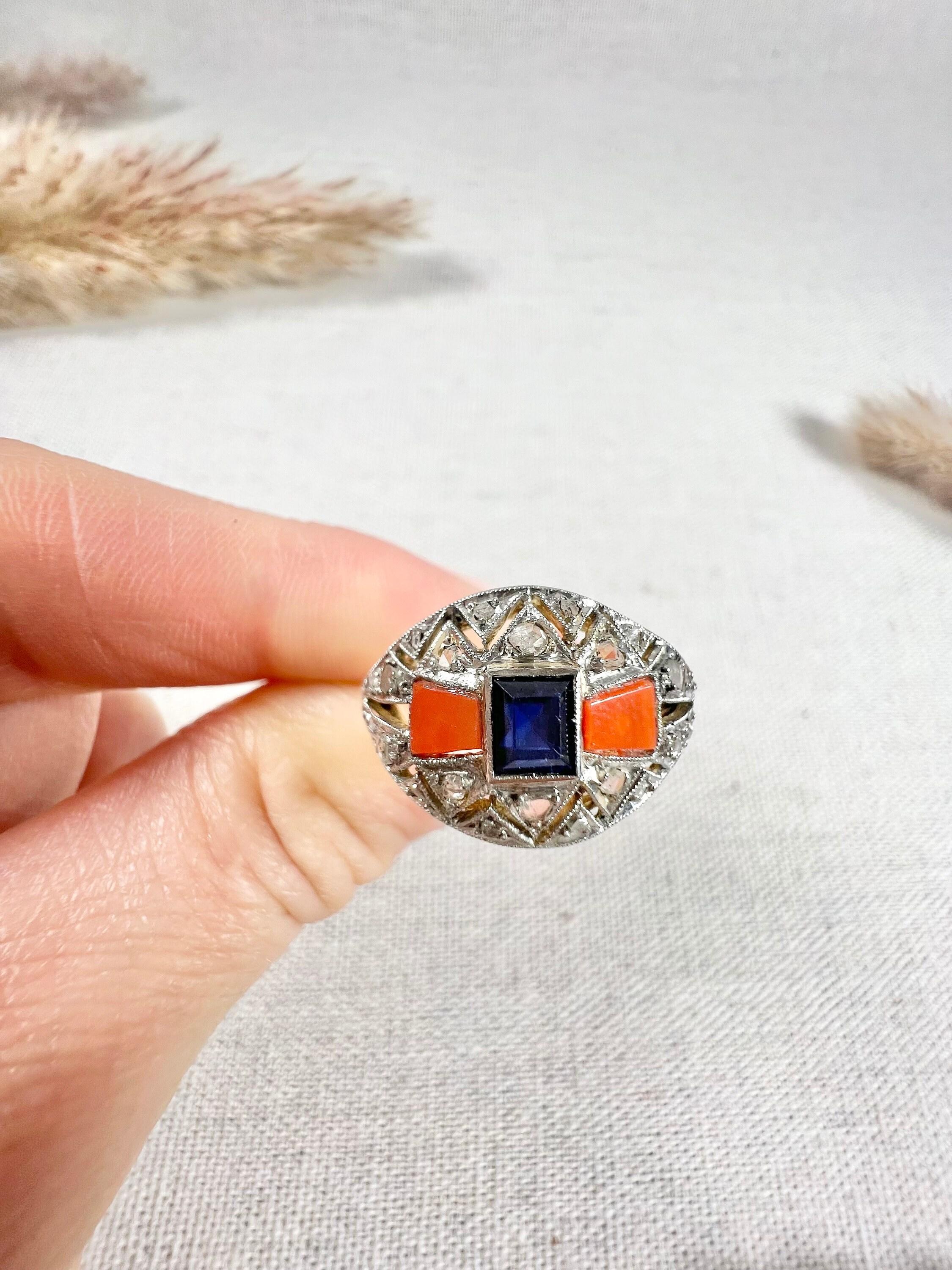 1920's Art Deco 18ct Gold & Platinum French Sapphire, Coral & Diamond Dome Ring For Sale 5