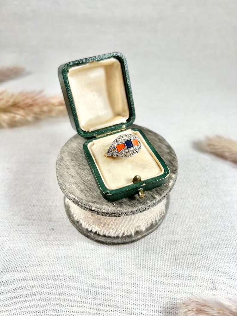 1920's Art Deco 18ct Gold & Platinum French Sapphire, Coral & Diamond Dome Ring For Sale 6