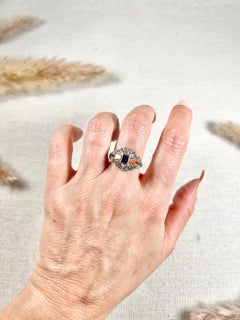1920's Art Deco 18ct Gold & Platinum French Sapphire, Coral & Diamond Dome Ring