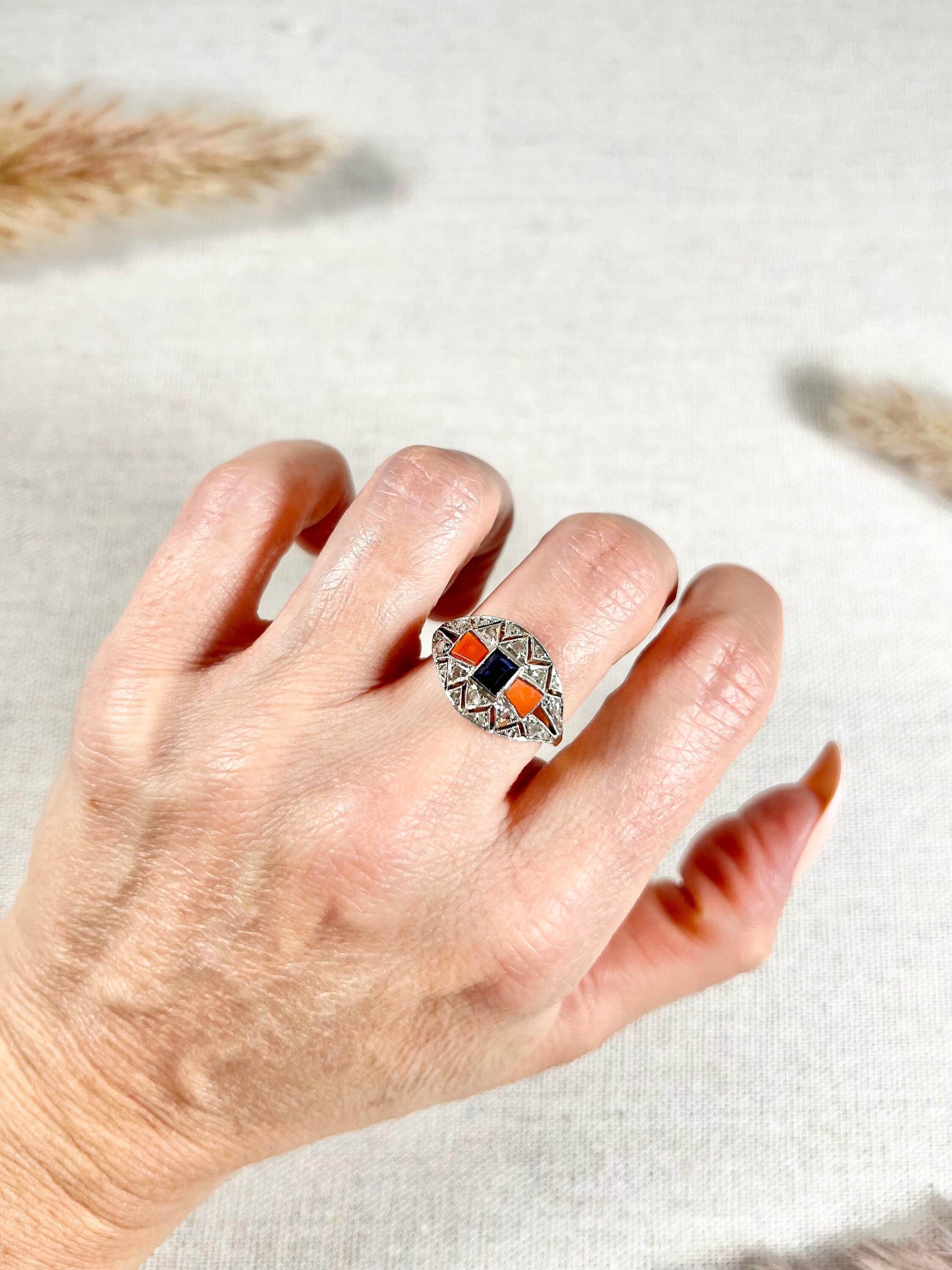 Mixed Cut 1920's Art Deco 18ct Gold & Platinum French Sapphire, Coral & Diamond Dome Ring For Sale