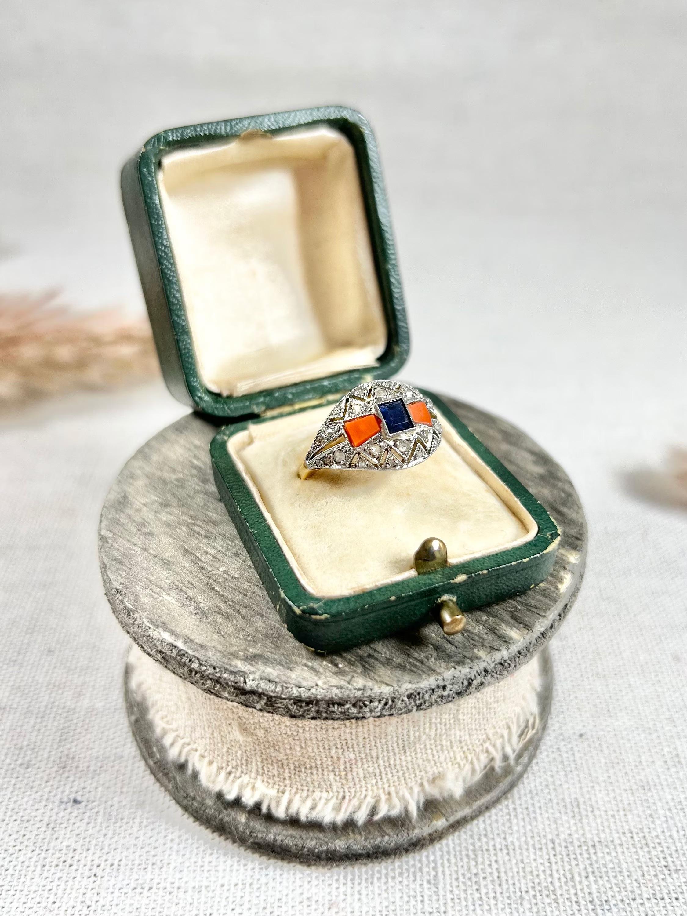 Women's or Men's 1920's Art Deco 18ct Gold & Platinum French Sapphire, Coral & Diamond Dome Ring For Sale