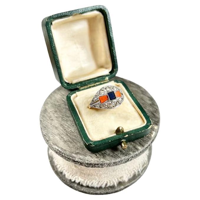 1920's Art Deco 18ct Gold & Platinum French Sapphire, Coral & Diamond Dome Ring For Sale