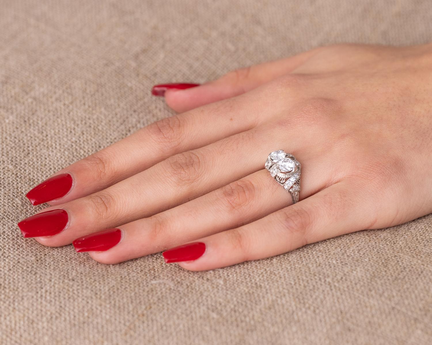 1920s Art Deco 1.90 Carat Total Diamond Engagement Ring, Platinum 1